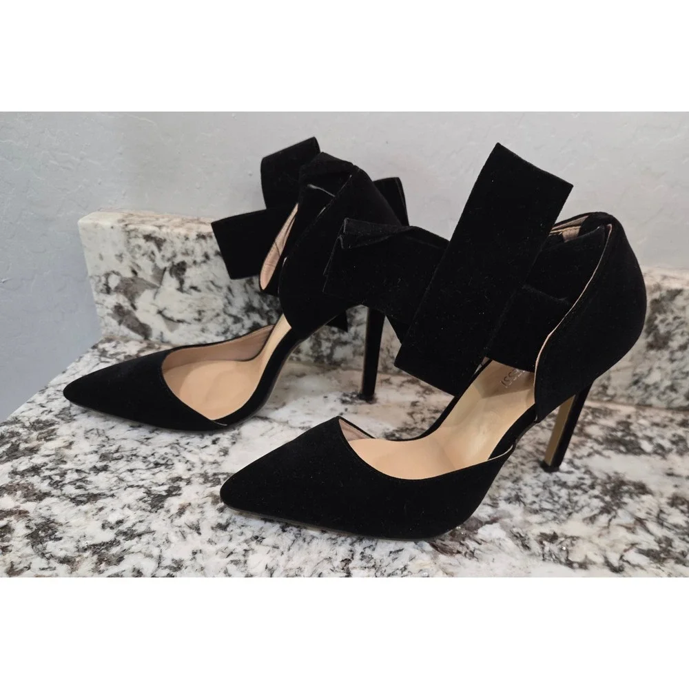 Maiernisi Jessi Black Faux Suede Pointed Toe Bow Ankle Strap Stiletto Heels 8.5